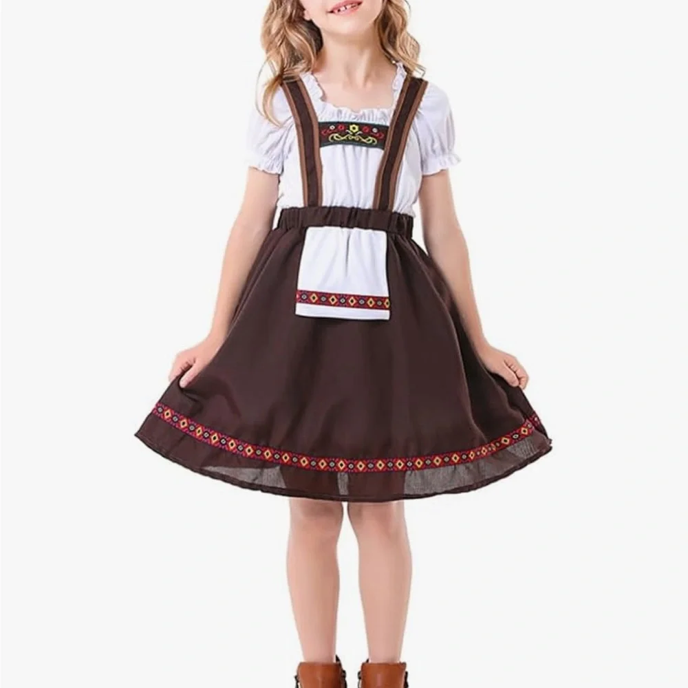 Kids Bavarian Costume Dress - Brown and White | Size 8-10